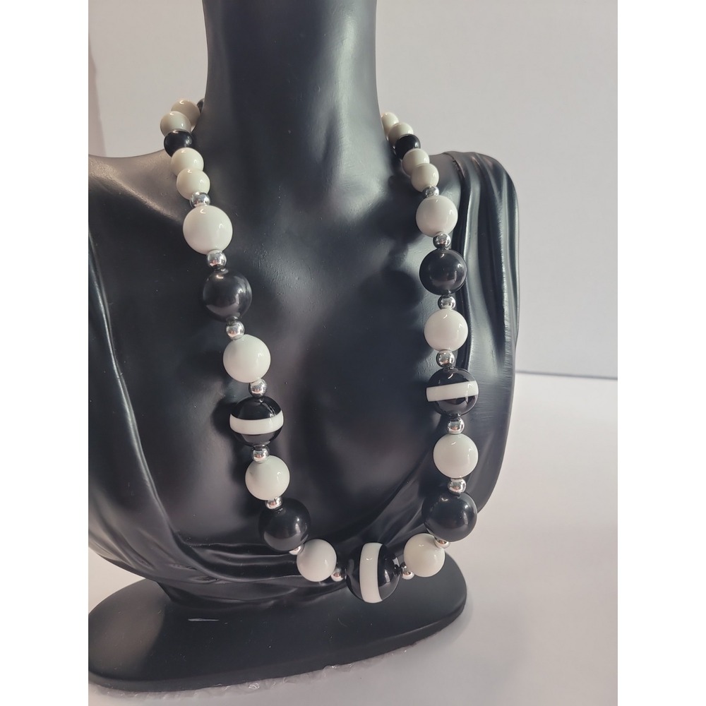 Black White Beaded Statement Necklace Chunky Geometric Mod Retro